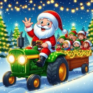 A cartoon image of Santa waving with Christmas lights and a green tractor pulling a hay wagon full of children with lots of Christmas trees in the background